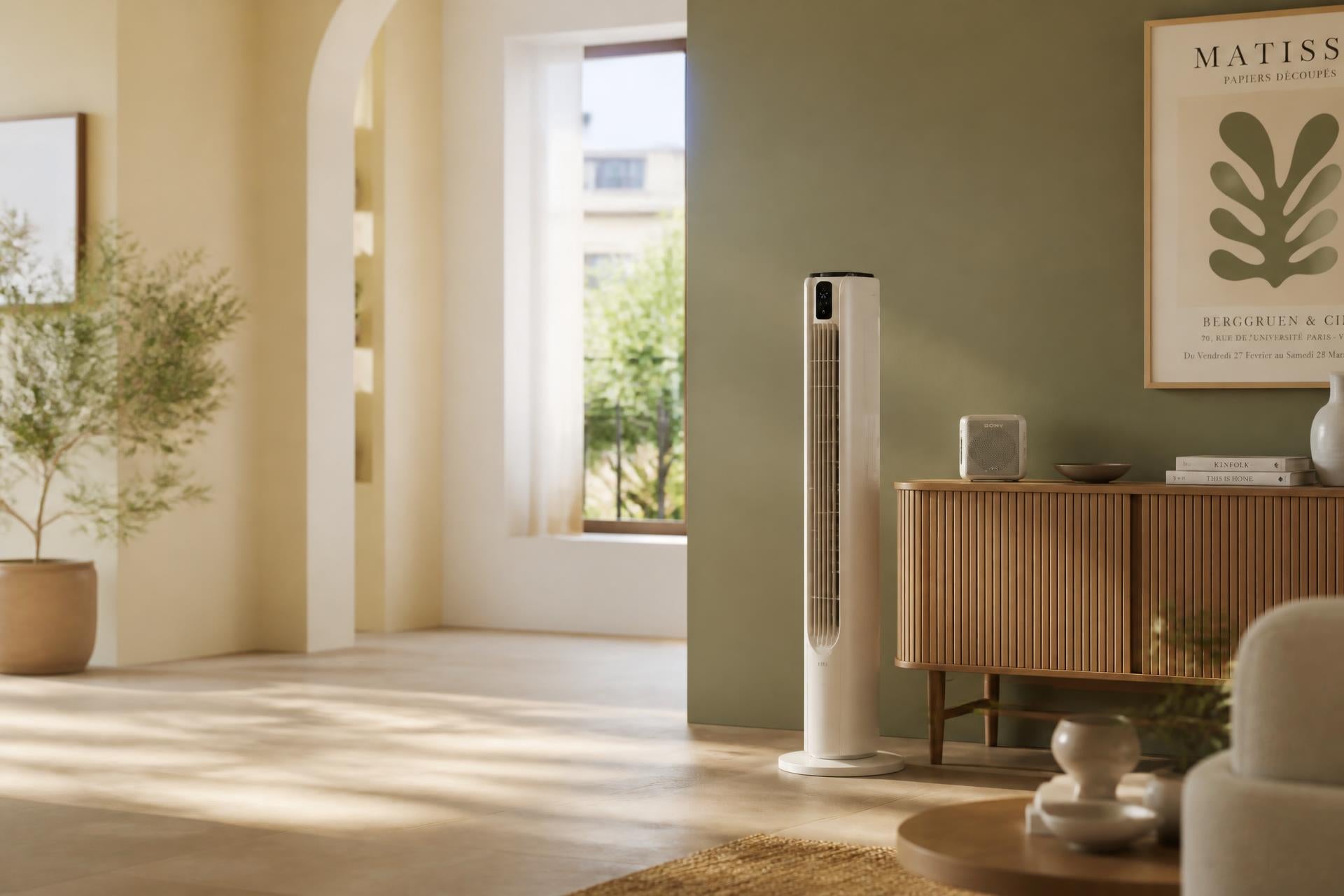 Salón luminoso con un ventilador de torre inteligente y un altavoz bluetooth